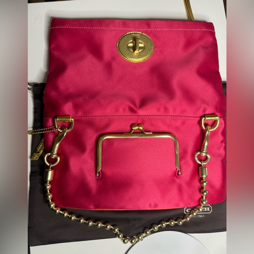Coach Amanda Turnlock Kisslock Pink and Orange Chain Foldover Clutch Gold - Picture 6 of 8